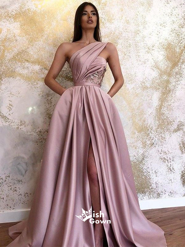 Elegant Dusty Pink One Shoulder A-line Side Split Long Prom Dresses, PG1116