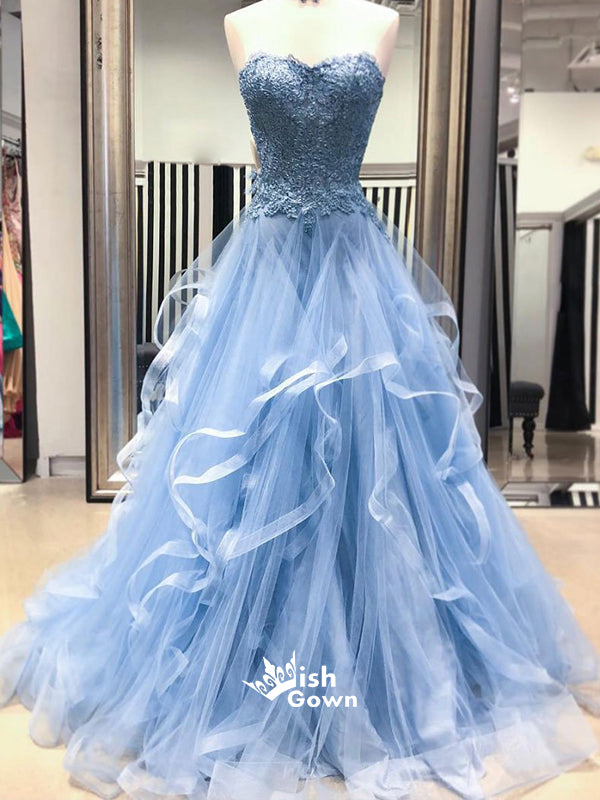 A-line Blue Lace Tulle Sweetheart Long Prom Dresses PG1154