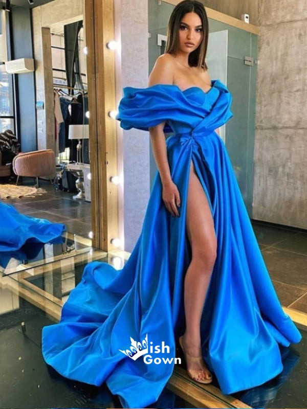 Off Shoulder High Split Robe De Soiree Blue Long A-line Prom Dresses, PG1170