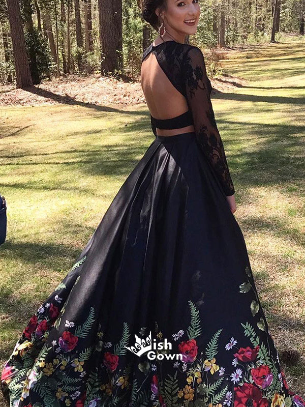 Two Pieces Black Lace Long Sleeves Open Back A-line Prom Dresses with Flowers, SG101