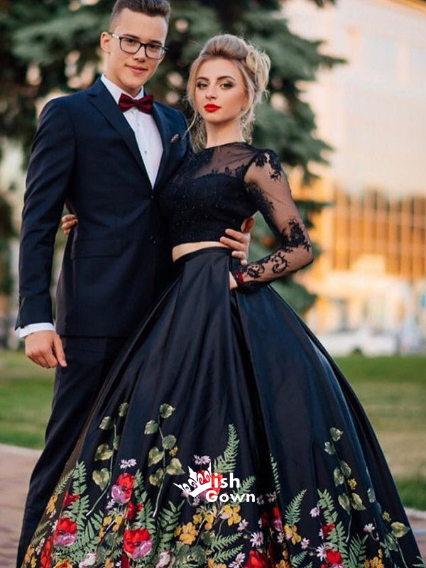 Two Pieces Black Lace Long Sleeves Open Back A-line Prom Dresses with Flowers, SG101