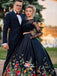 Two Pieces Black Lace Long Sleeves Open Back A-line Prom Dresses with Flowers, SG101