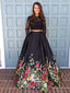 Two Pieces Black Lace Long Sleeves Open Back A-line Prom Dresses with Flowers, SG101