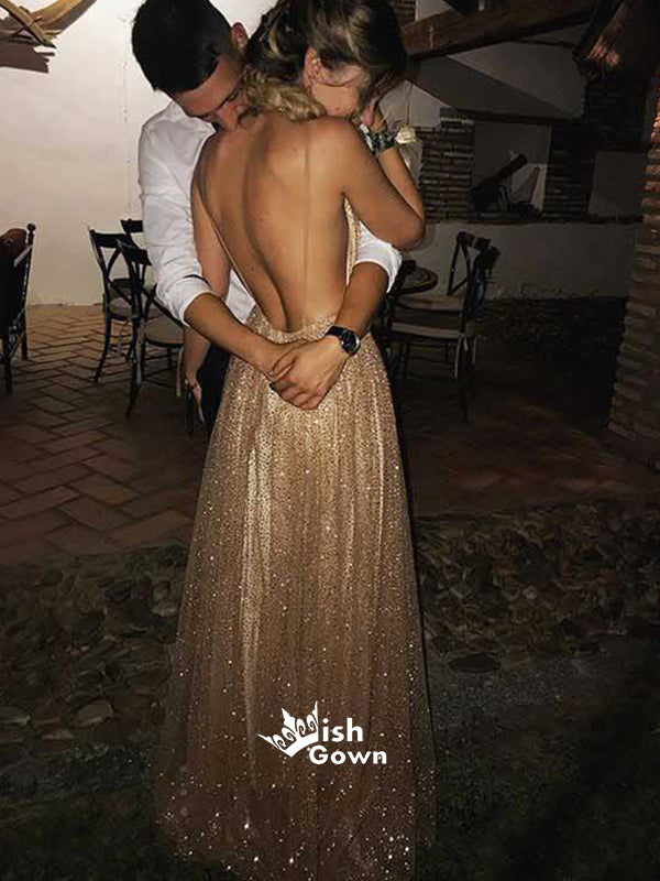 Popular Sparkle Spaghetti Strap Backless A Line Long Prom Dresses, SG108