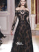 Romantic Long Sleeves Off the Shoulder Lace A Line Black Prom Dresses, SG144