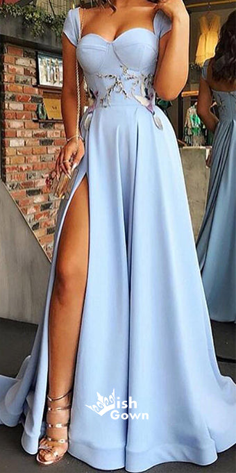 Cap Sleeve Sweetheart A Line Side Slit Blue Long Prom Dresses, SG154