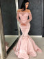 Off the Shoulder Lace Long Sleeves Mermaid Pink Satin Long Prom Dresses, SG156