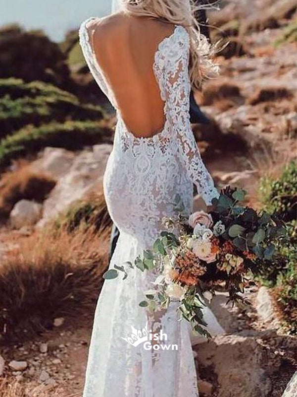 Lace Mermaid V Neck Open Back Long Bridal Wedding Dresses, STZ318