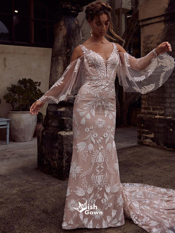 Charming Dusty Pink V-back Mermaid Applique Lace Long Wedding Dresses WDH010