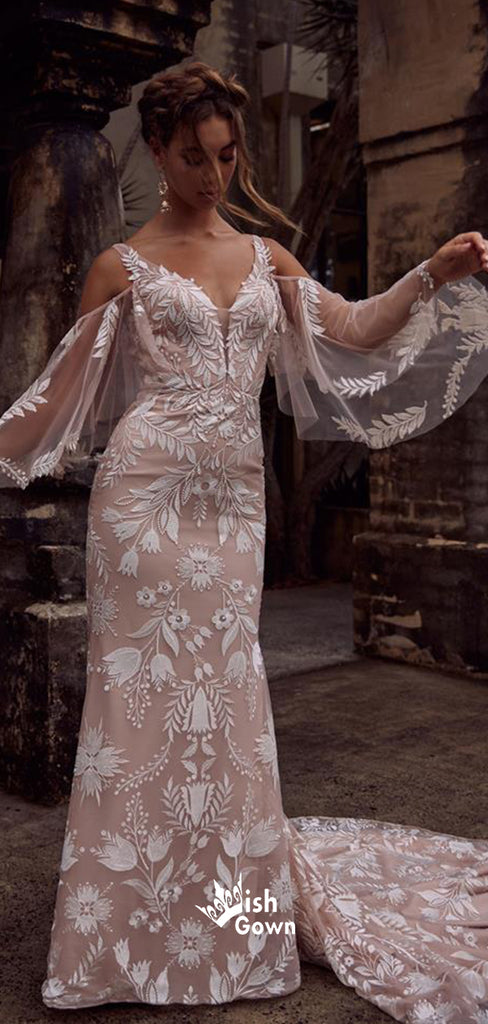 Charming Dusty Pink V-back Mermaid Applique Lace Long Wedding Dresses WDH010