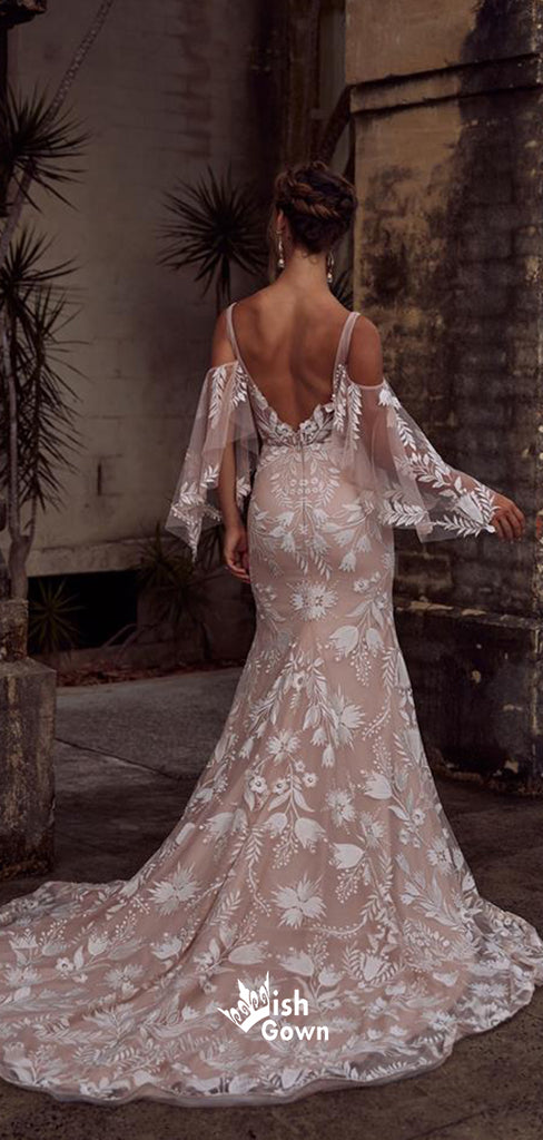 Charming Dusty Pink V-back Mermaid Applique Lace Long Wedding Dresses WDH010