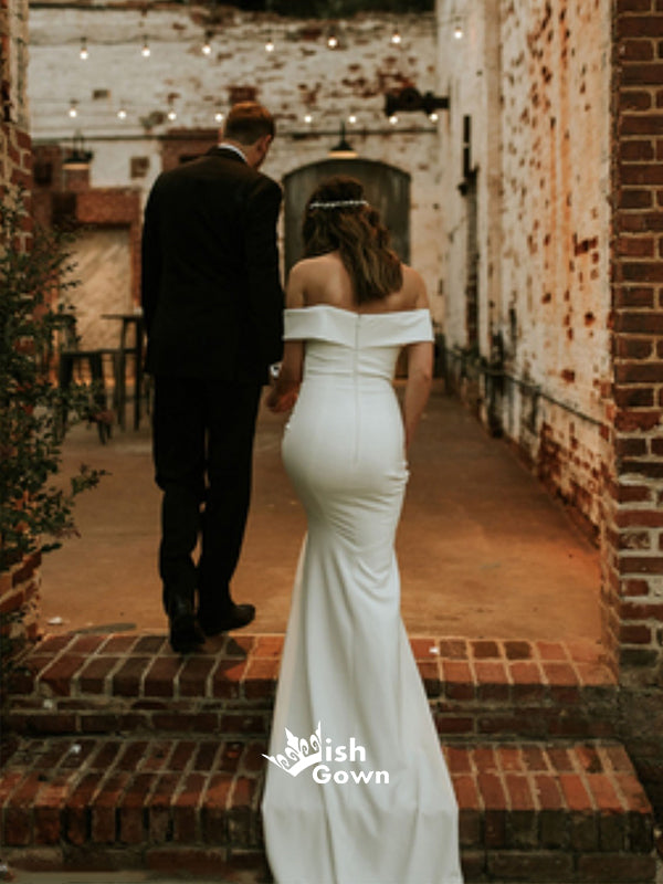 Simple White Off-shoulder Satin Wedding Dress With Trailing,  WDH057