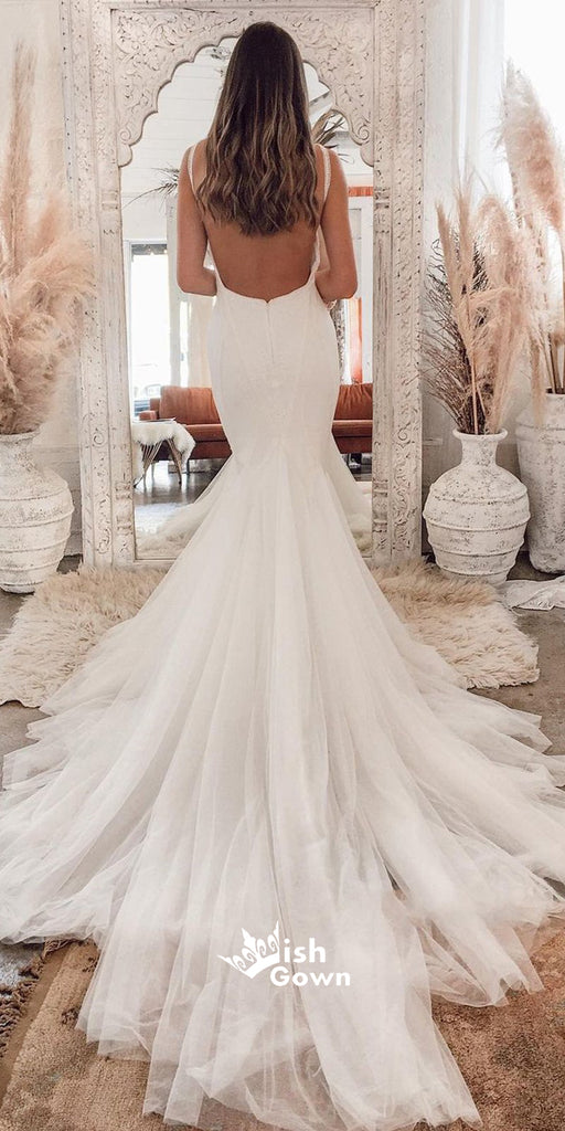 Charming White V-neck Mermaid Tulle Wedding Dress WDH070