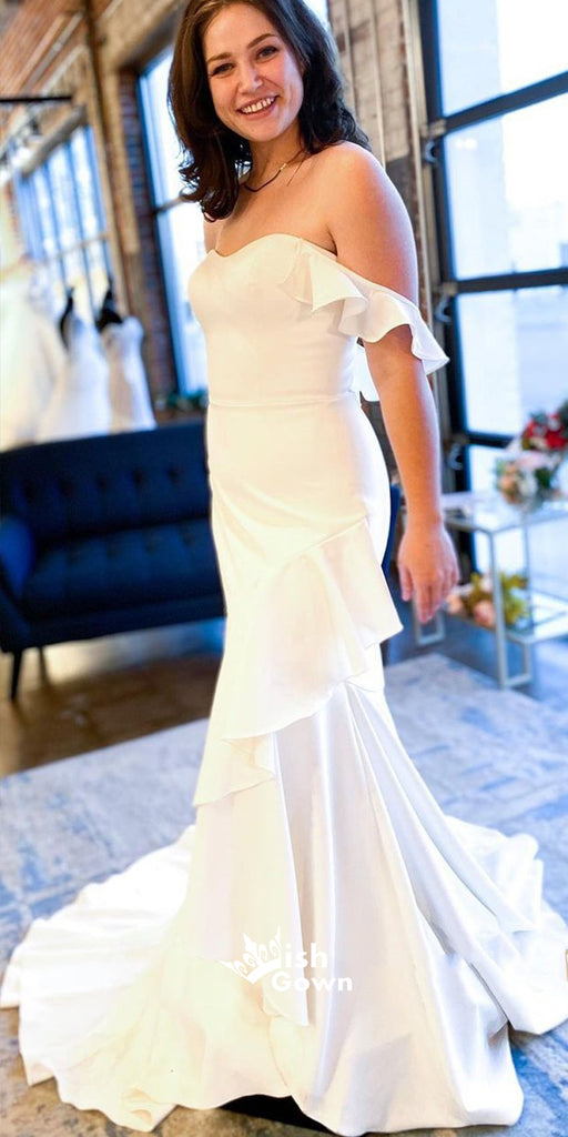 Unique White Off-shoulder Mermaid Long Wedding Dress, WDH075