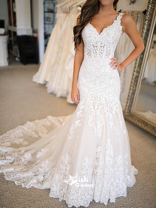 Mermaid Lace Applique Elegant Bridal Long Wedding Dresses, WDH078