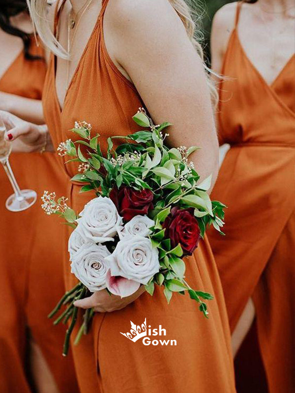 Pretty Side Slit Burnt Orange Simple Spaghetti Strap Long Beach Wedding Bridesmaid Dresses, WG030