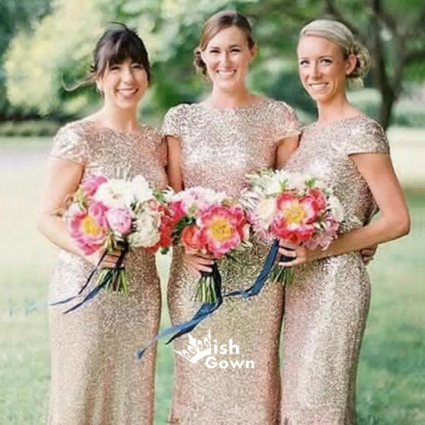 Poular Champagne Gold Sequins Cap Sleeves Backless Sheath Long Bridesmaid Dresses, WG04