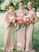 Poular Champagne Gold Sequins Cap Sleeves Backless Sheath Long Bridesmaid Dresses, WG04