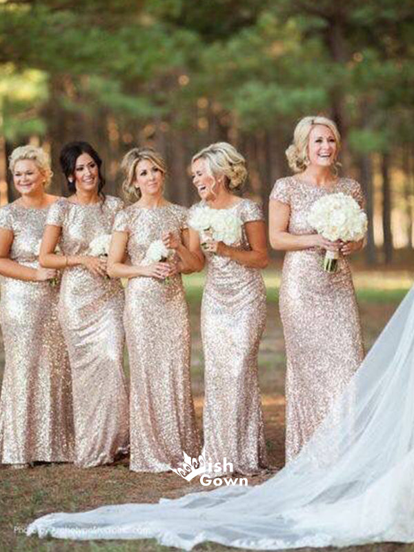 Poular Champagne Gold Sequins Cap Sleeves Backless Sheath Long Bridesmaid Dresses, WG04