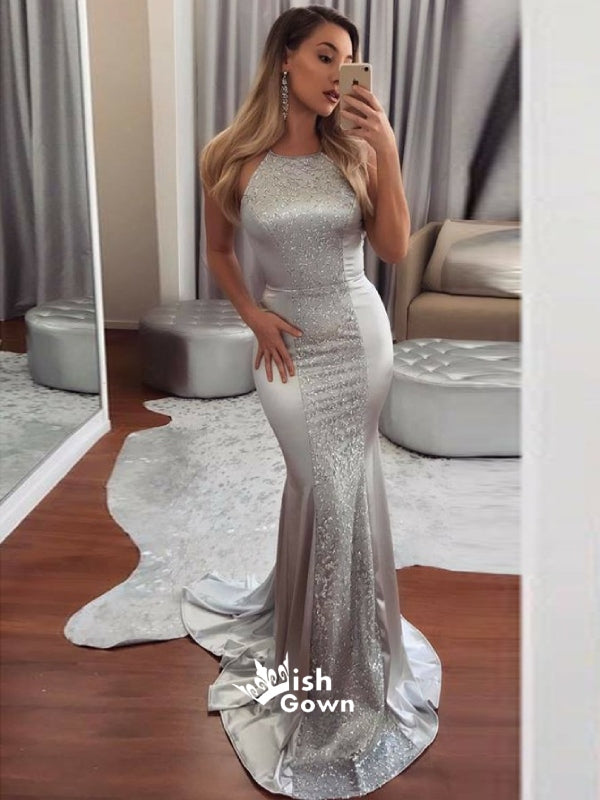 Silver Halter Open Back Mermaid Sexy Cheap Long Evening Prom Dresses, WG1018