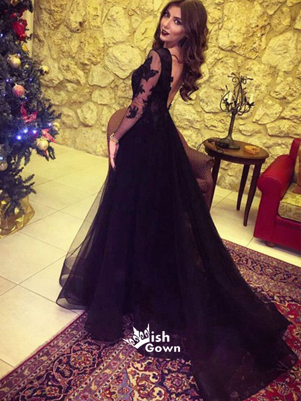 Long Sleeves Sexy Split Black Cheap Long Evening Prom Dresses, WG1022