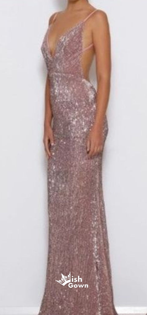 Sexy Open Back Mermaid Rose Gold Sequin Cheap Long Prom Dresses, WG1033