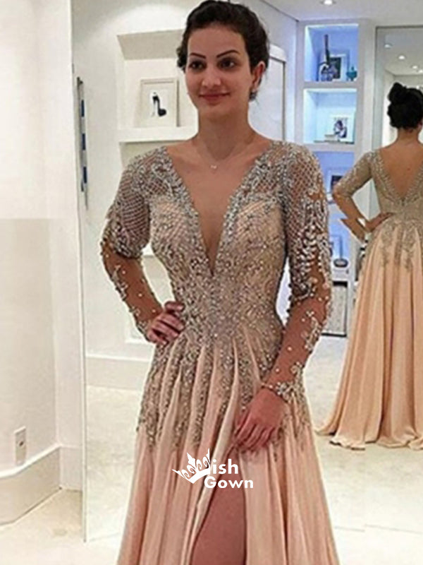 Long Sleeves Side Split V Neck Beaded V Back Long Prom Dresses, WG1085