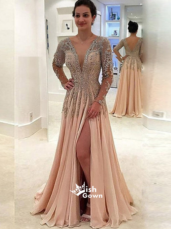 Long Sleeves Side Split V Neck Beaded V Back Long Prom Dresses, WG1085