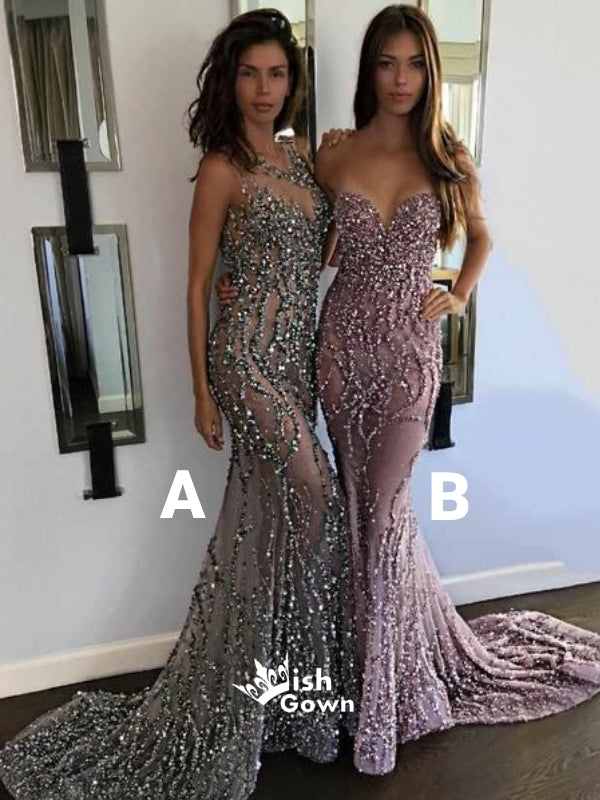 Popular Sexy Mermaid Beaded Seen Through Open Back Long Prom Dresses, WG1097