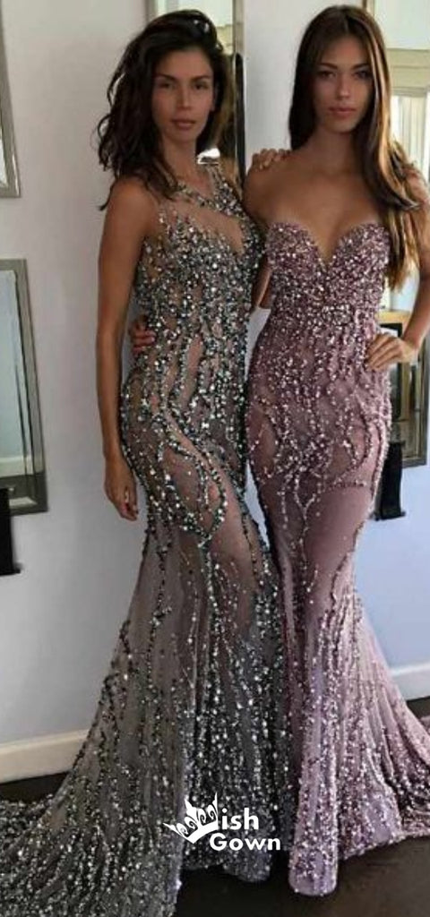 Popular Sexy Mermaid Beaded Seen Through Open Back Long Prom Dresses, WG1097