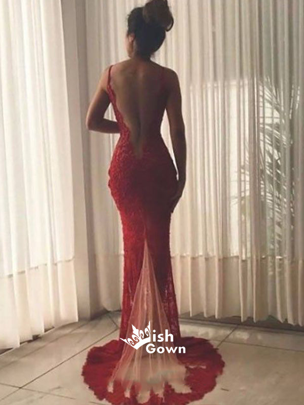 Sexy Mermaid Lace Open Back V Neck Side Split Long Prom Dresses, WG1107