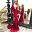 Dark Red Deep V-neck Pleats Long Sleeves Mermaid Side Split Evening Long Prom Dresses With Trailing, WG1113