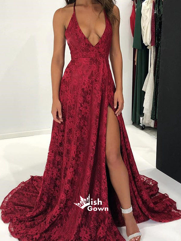 Charming Burgundy Lace Halter Open Back Side Split Sexy Long Prom Dress, WG1125