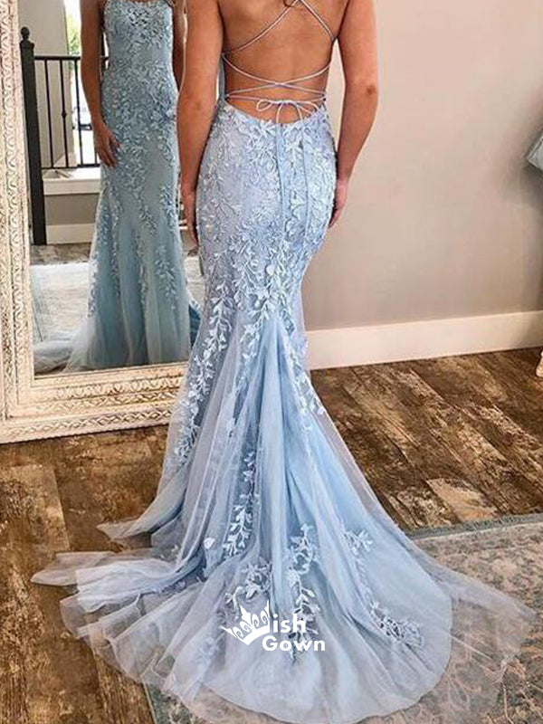 Blue Open Back Applique Mermaid Sexy Cheap Long Prom Dress, WG1134