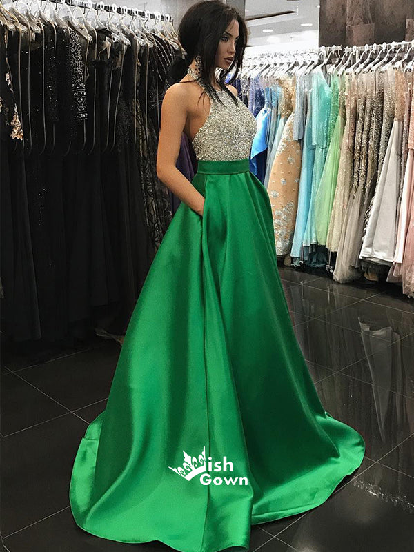 Grass Green Beaded Halter Top Elegant Floor Length A-Line Long Prom Dress, WG224