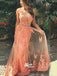 Charming Lace Tulle Peach Unique Pretty Formal Inexpensive Applique Long Prom Dresses, WG254