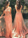 Charming Lace Tulle Peach Unique Pretty Formal Inexpensive Applique Long Prom Dresses, WG254