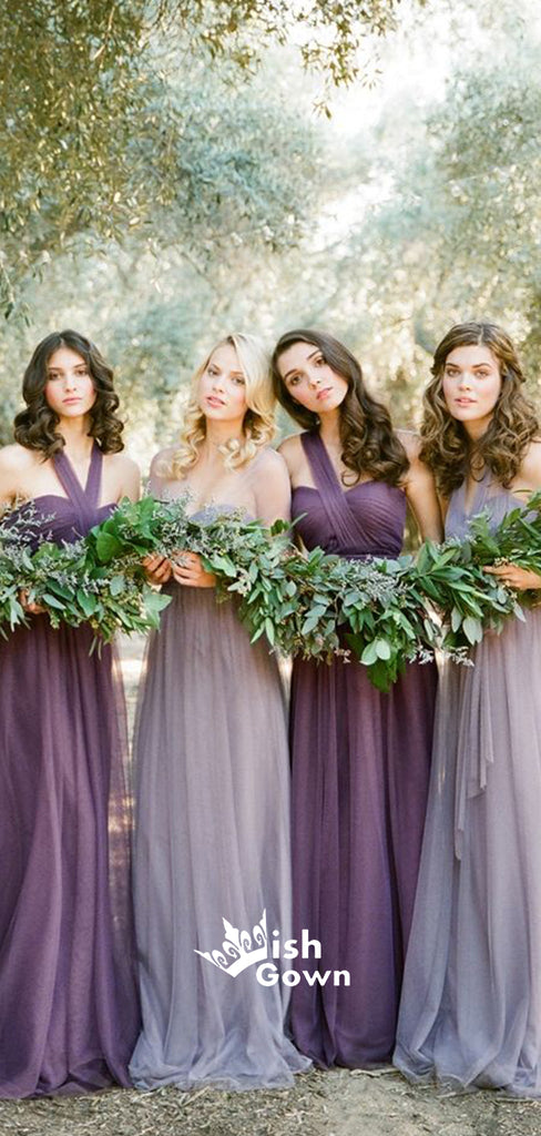 Purple Tulle Convertiable Mismatched Long Wedding Party Dresses Cheap Charming Bridesmaid Dresses, WG34