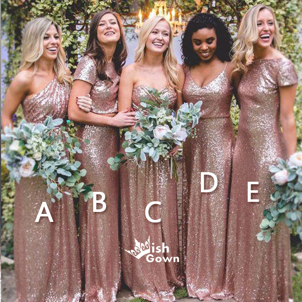 Rose Gold Sequin Mismatched Long Wedding Bridesmaid Dresses, WG415