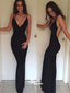 Cheap Simple Open Back Black Deep V Neck Mermaid Long Prom Dresses, WG584