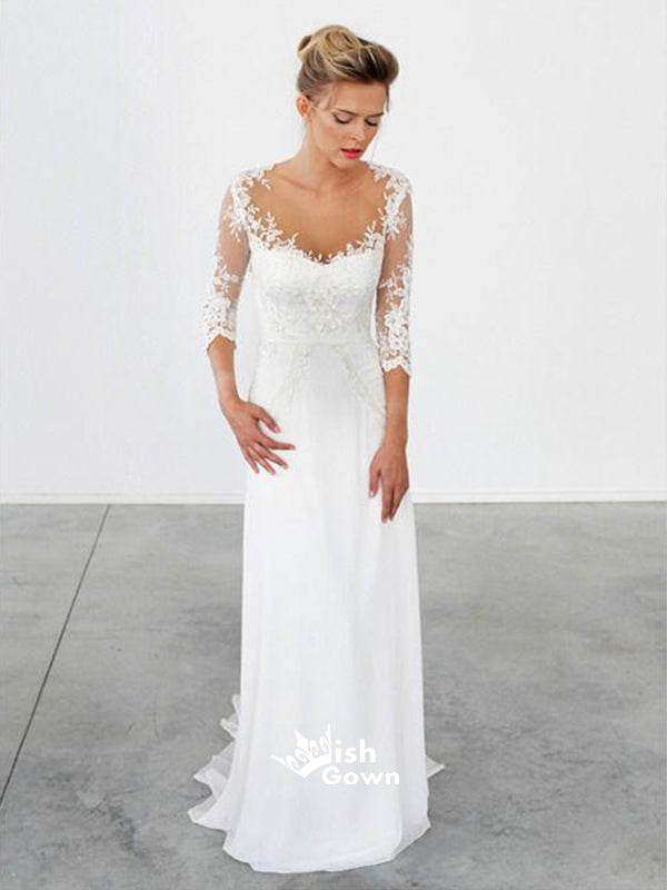 Unique Lace 3/4 Sleeve White Formal Cheap Beach Long Wedding Dresses, WG655