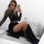 Black Lace Two Pieces Long Sleeve Sexy Side Slit Long Prom Dress, WG725