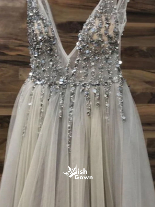 Elegant Pale Grey A-line Tulle V-neck Beaded Top Sexy Popular Long Prom Dresses, WG777