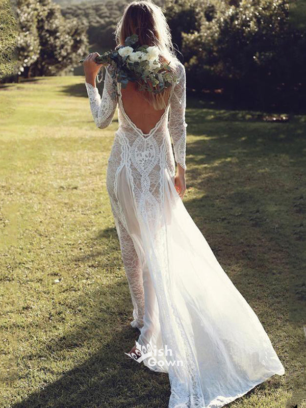 Vintage Lace Long Sleeve Backless Sexy Charming Beach Wedding Dresses, WGB006