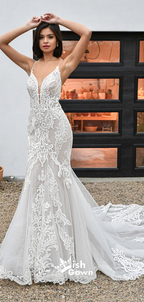 White Lace Appliques Mermaid Spaghetti Strap Criss Cross Backless Bridal Gown Wedding Dress, WGB011