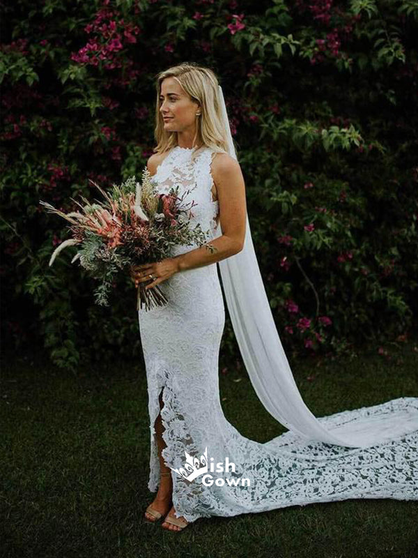 Halter Lace Mermaid Open Back Slit Beach Wedding Long Bridal Gown Dress, WGB013