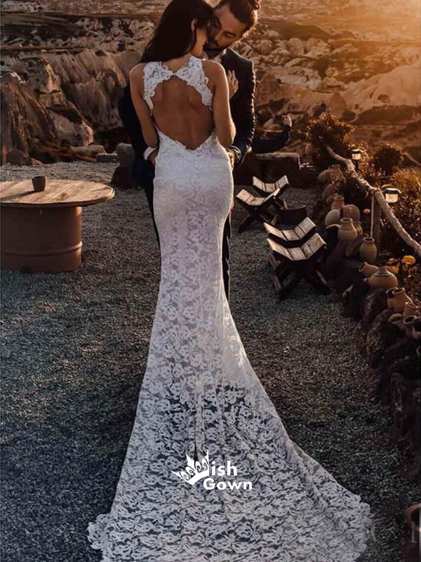 Halter Lace Mermaid Open Back Slit Beach Wedding Long Bridal Gown Dress, WGB013