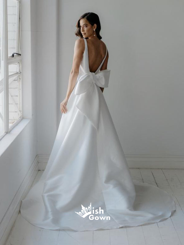 Simple Back Bow Gown With Scoop Neckline Satin A-line Wedding Dresses, WGB014