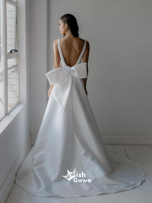 Simple Back Bow Gown With Scoop Neckline Satin A-line Wedding Dresses, WGB014