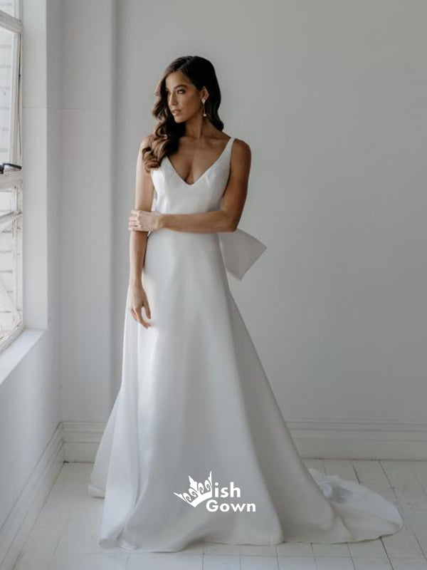 Simple Back Bow Gown With Scoop Neckline Satin A-line Wedding Dresses, WGB014